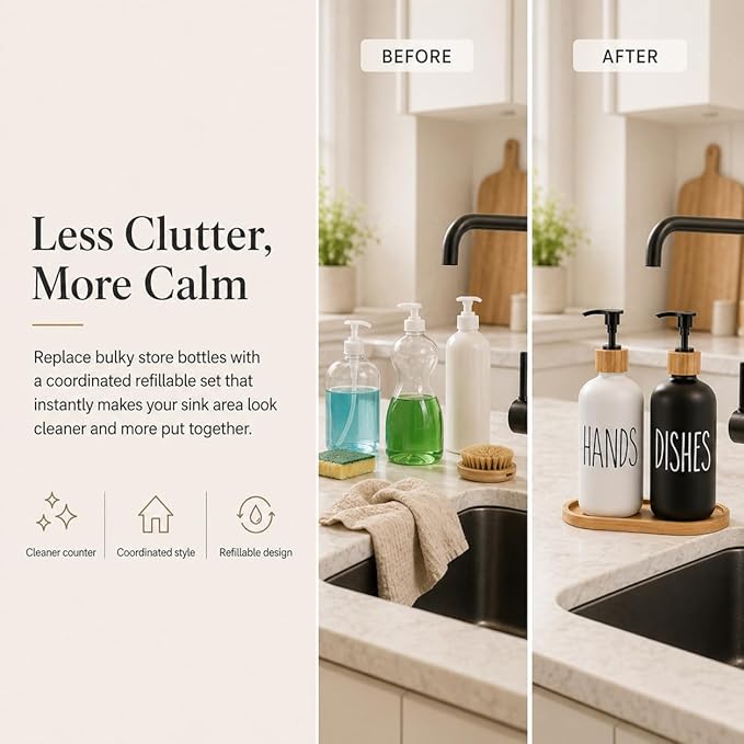 Soap Dispenser,Dish Soap Dispenser for Kitchen Sink.Glass Hand Soap Dispenser, Modern Farmhouse Decor Dish Soap Dispenser for Bathroom,Kitchen Sink Decor