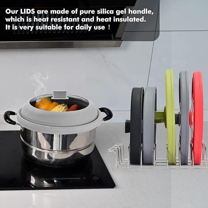 Tall Microwave Splatter Cover Glass Cover Guard Lid 5.8 inch Height with Collapsible Silicone for Food Pot Plate 8.5 inch Light Grey