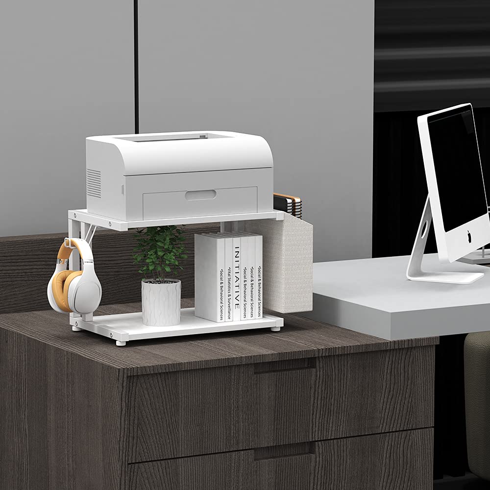 VEDECASA 2 Tier Modern White Wooden Under Desk Printer Stand with Storage Bag for Home Office Desktop Printer Table Organizer Mobile Printer Shelf Cart with Caster Wheel (White)