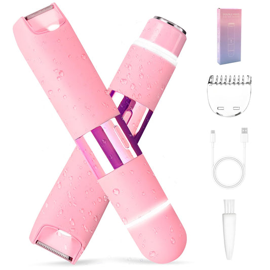 Dermave Bikini Trimmer Razors Shaver for Women,2-in-1 Waterproof Electric Dual Ceramic Head Shaver,IPX7 Waterproof Rechargeable Lady Trimmer for Face,Body&Intimate Areas (Pink)