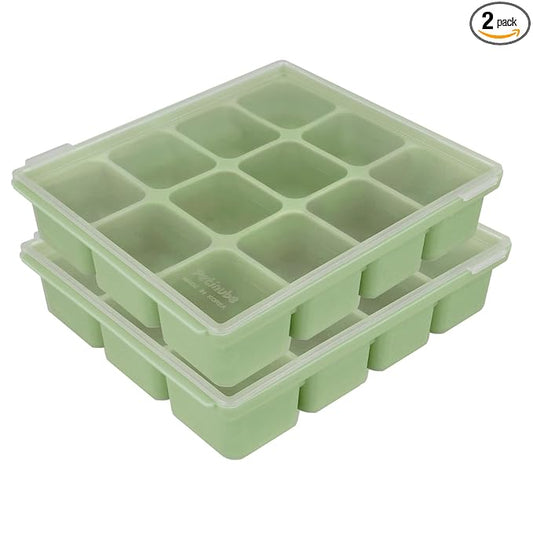 Baby Food Storage Silicone Cubes with Clip-On Lid Freezer Tray Baby Food Soups Purees Ice Safe Design Made in Korea (12cubes 1.5oz, Celadon Green Set of 2)