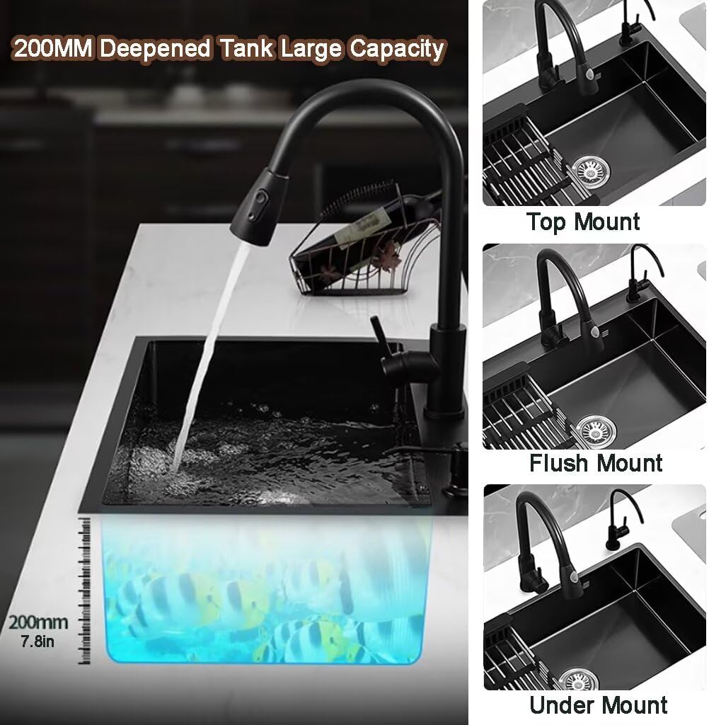Black Drop in Kitchen Sink, Stainless Steel Single Bowl Sink with 3 Holes, Topmount Workstation Sink, Farmhouse Rectangle Basin with Multiple Accessories (26.8 * 17.7 * 7.9in)