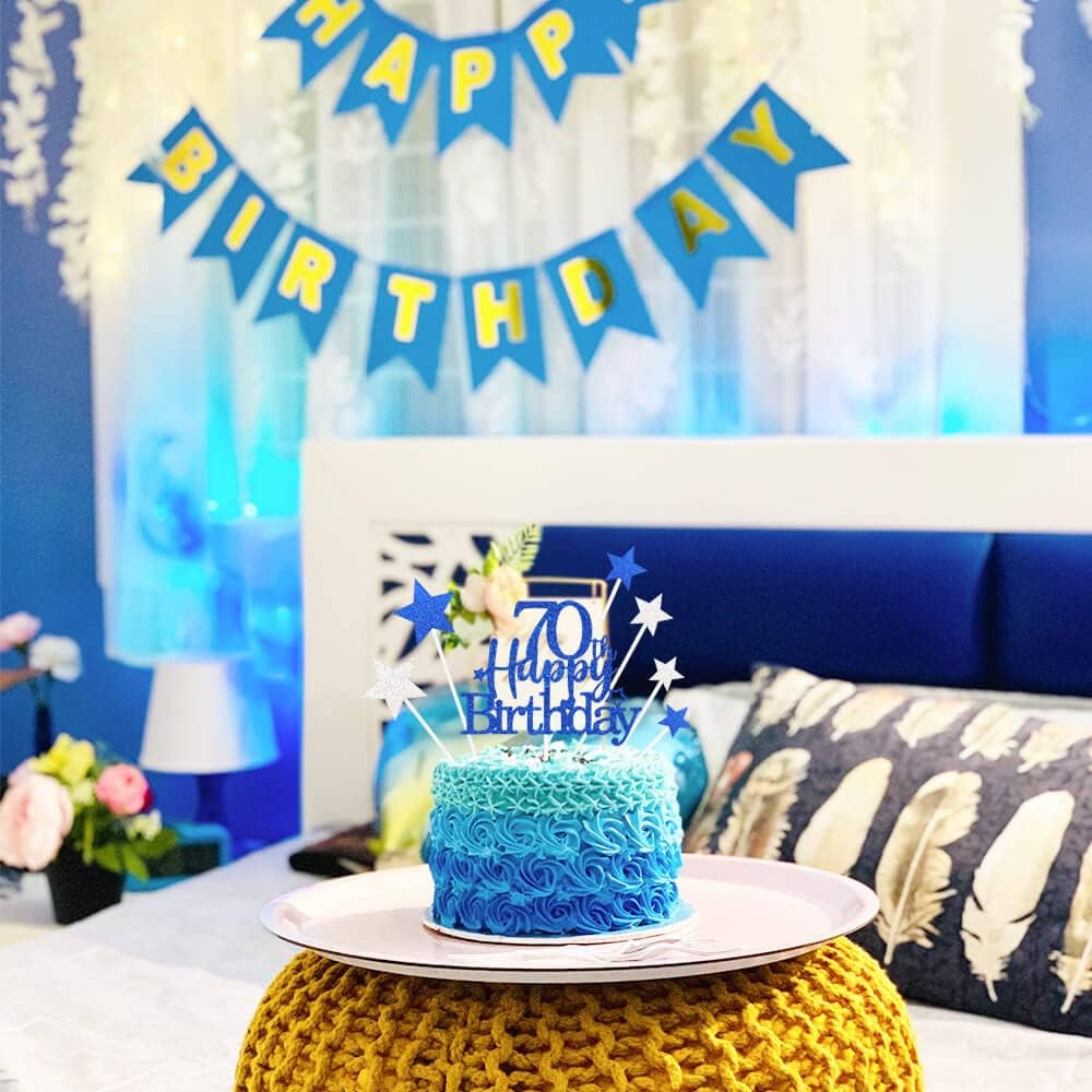 Glittery 70th Happy Birthday Cake Topper with Star,Personalised 70 Birthday Cake Toppers Party Decorations Party Supplies for Men Women Blue