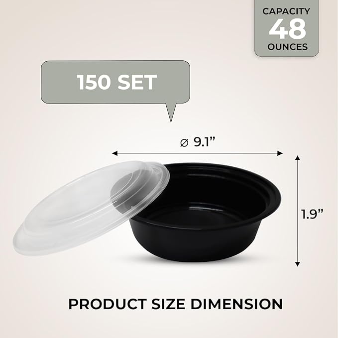 Klex 16 Oz, 50 Sets Meal Prep Containers with Airtight Lids, BPA Free, Reusable Plastic Food Container, 16 oz, Round, Black/Clear, 50 Sets