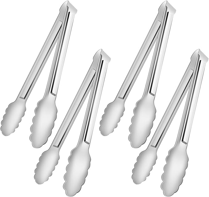 4 Pack Serving Tongs for Buffet,Metal Kitchen Tongs,Stainless Steel Food Tongs, Small Tongs for serving, Silver (9IN)