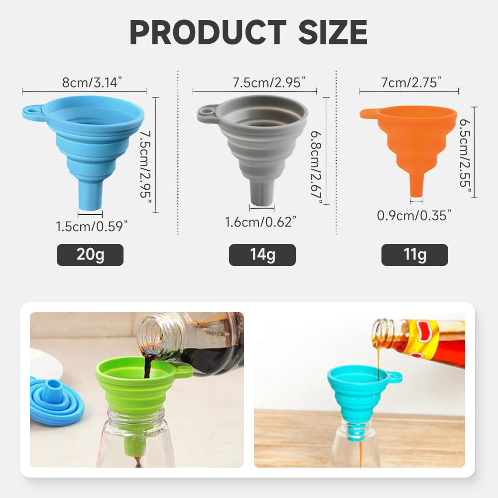 Kitchen Funnel Set, 2025 Upgrade Silicone Collapsible Funnel Silicone Collapsible Food Funnels for Kitchen 3 Sizes Funnels for Home Use Filling Bottles Daily Cooking (Black, 2Set 11+14+20g)