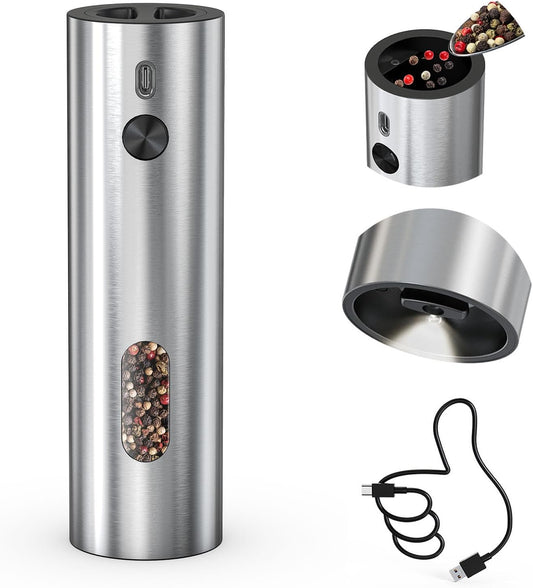 CIRCLE JOY Rechargeable Electric Pepper Grinder, Automatic Stainless Steel Pepper Mill Grinder with 110ml Container, Adjustable Coarseness and White LED Light, Silver