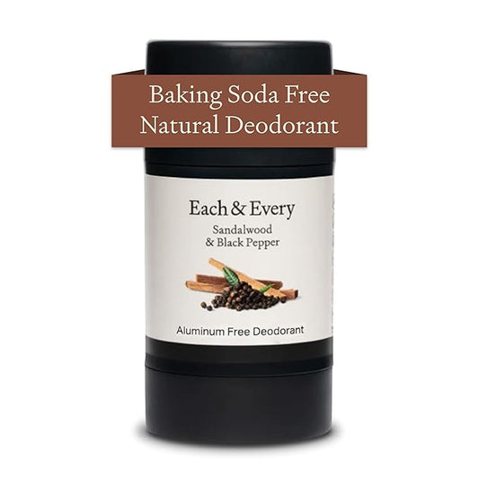 Each & Every All Natural Deodorant for Women & Men - Sensitive Skin, Vegan, Baking Soda & Aluminum-Free Deodorant - Clean Long Lasting Odor Control - Sandalwood & Black Pepper Natural Fragrance, 2.5oz