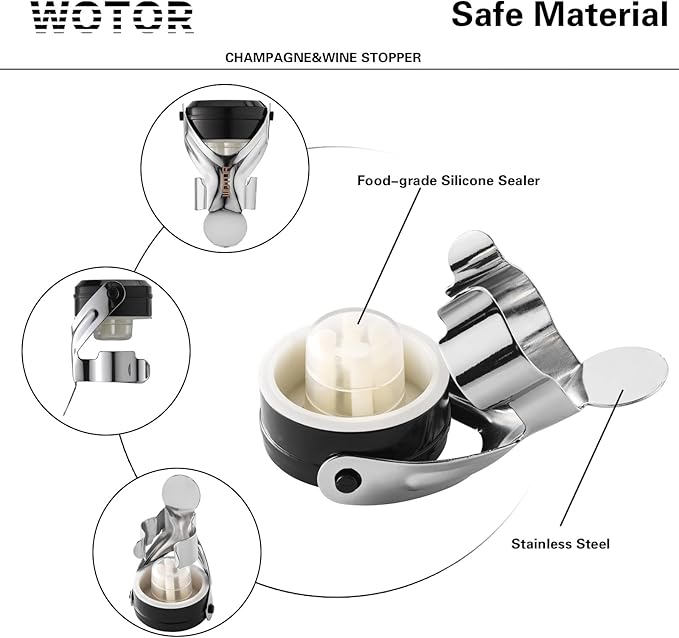 WOTOR Champagne&Wine Bottle Stoppers Stainless Steel with Food Grade Silicone, Leak Proof Keep Fresh Reusable Saver, Cork Suitable for Wine, Champagne, Cava, Prosecco and Sparkling (8 Pack Silver）