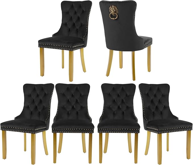 Velvet Dining Chairs Set of 6, Upholstered Dining Room Chairs with Lion Head Pulls Ring and Golden Solid Wood Legs, Modern Button Tufted Kitchen Chairs for Dining Room, Kitchen(Black)