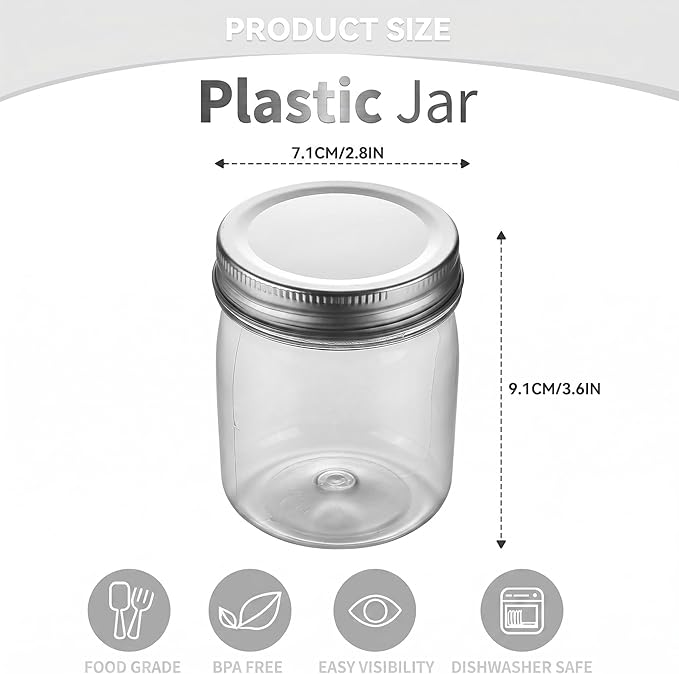 novelinks 8 oz Clear Plastic Jars with Airtight Lids, 24 Pack Plastic Mason Jars with Lids 8oz, Refillable Storage Slime Containers & Small Spice Jar for Kitchen Organization (24 Pack,Silver)