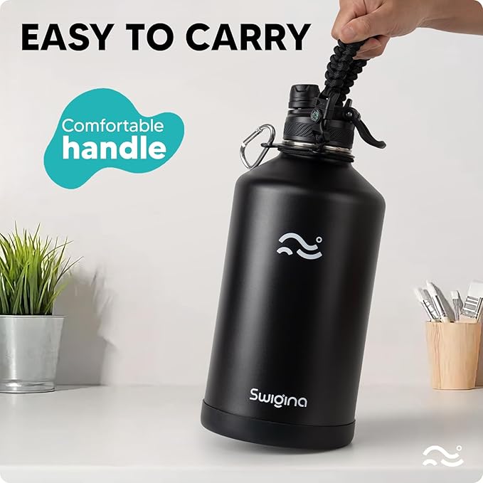 Swigina [2-IN-1 LID] Gallon Insulated Water Bottle with Silicone Boot (48hrs Cold/24hrs Hot) - DIY Stickers, Leakproof, BPA Free, 128 oz