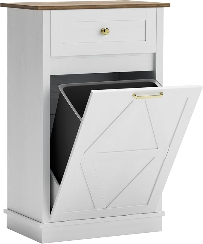 JUMMICO Tilt-Out Trash Can Cabinet, 10 Gallon Laundry Hamper Cabinets with Drawers, for Kitchen, Dining Room and Living Room (White, 2 Piece)