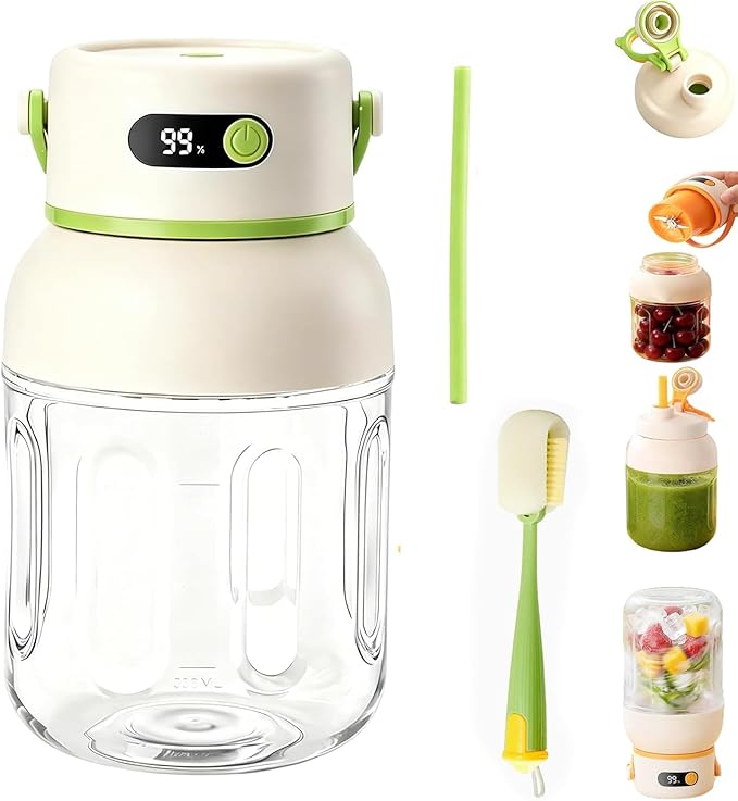 Portable Electric Juicer Cup with Zero Cord Hassle, 33 Oz Cordless Personal Juicer Cup, Digital Display Portable Juicers Blender with Stainless Steel Blades, USB-C (green-800ml)