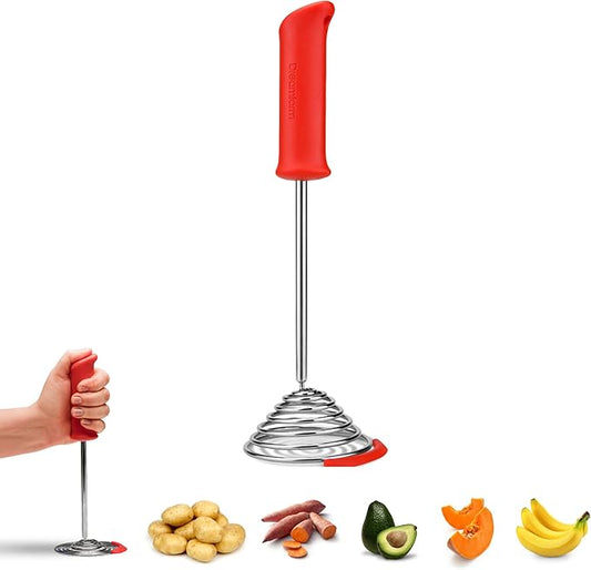 Dreamfarm Smood | One-Handed Stainless-Steel Spring Coil Vegetable and Potato Masher with Soft Grip and Bowl Scraper | Red
