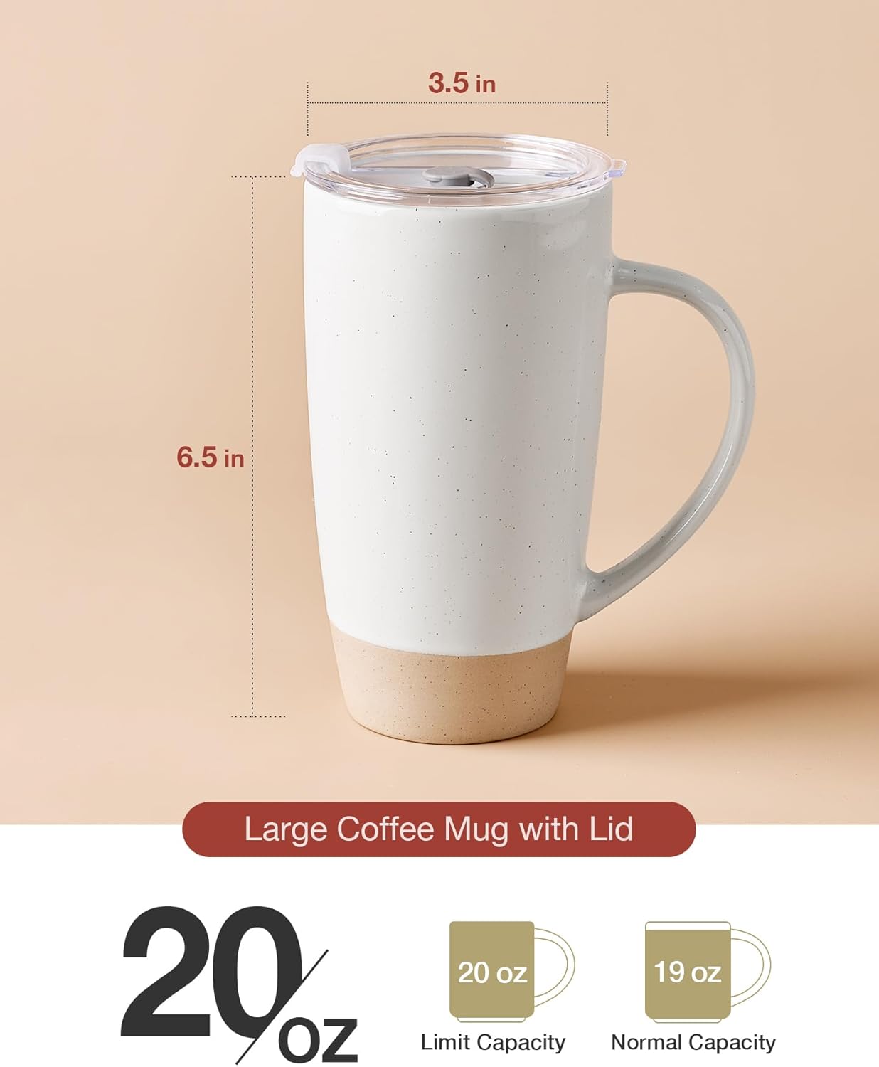 famiware Milkyway Coffee Mugs, 20oz Large Coffee Mug, Ceramic Mug Set of 2 with Lid, Cup Set with Handle for Latte, Tea, Cocoa, Milk, Home & Office, White and Cinnamon Brown