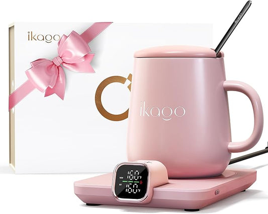 Coffee Mug Warmer & iKago Mug Set, Accurate Temperature Control Smart Heated Mug for Desk, Electric Coffee Warmer with Auto Shut Off & Real-Time Temp Display, Gifts for Men Women, 15oz Ceramic Mug