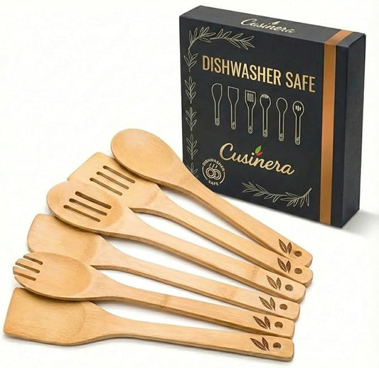 Dishwasher Safe Bamboo Wooden Spoons for Cooking 6-Piece – Kitchen Gadgets Wooden Cooking Utensils Set – Premium Kitchen Utensils Set – Easy to Clean, Perfect for Non-Stick Cookware