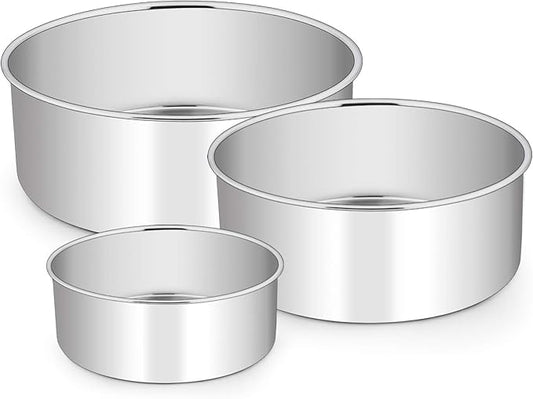 E-far Cake Pan Set of 3 (4’’/6’’/8), Deep Stainless Steel Round Cake Pans Tins for Wedding Birthday, Non-toxic & Dishwasher Safe, Mirror Finish & Straight Side