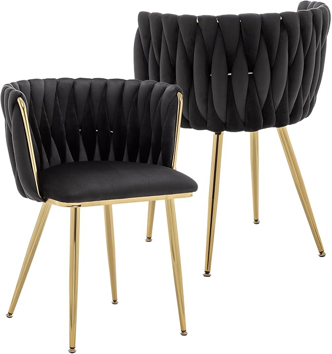Kiztir Black Velvet Dining Chairs Set of 2, Upholstered Dining Room Chairs with Gold Metal Legs, Modern Dining Chairs with Woven Back for Living Room, Bedroom, Kitchen