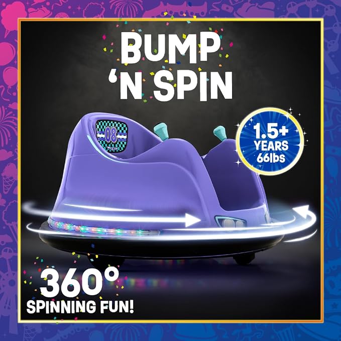 Flybar FunPark 6V Bumper Car for Toddlers, Kids Bumper Car, Electric Toddler Ride On Toys for Kids, Baby Bumper Car, Ages 1.5-4 Years, LED Lights, 360 Degree Spin, Supports up to 66 pounds (No Remote)