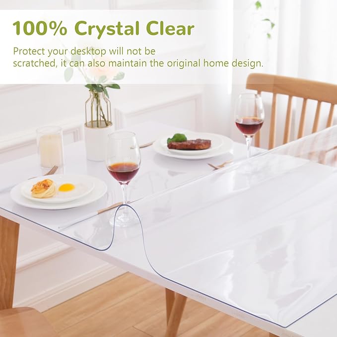 Clear Table Cover Protector - 40 x 66 Inch, 1.5mm Thick Plastic, Vinyl, Waterproof for Dining Room, Kitchen, Office