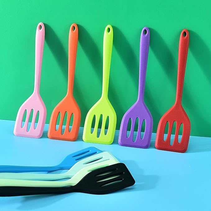 2Pack Small Silicone Turner High Heat Resistant Slotted Spatula for Fish, Eggs, Pancakes and More (8.2 IN, Black)