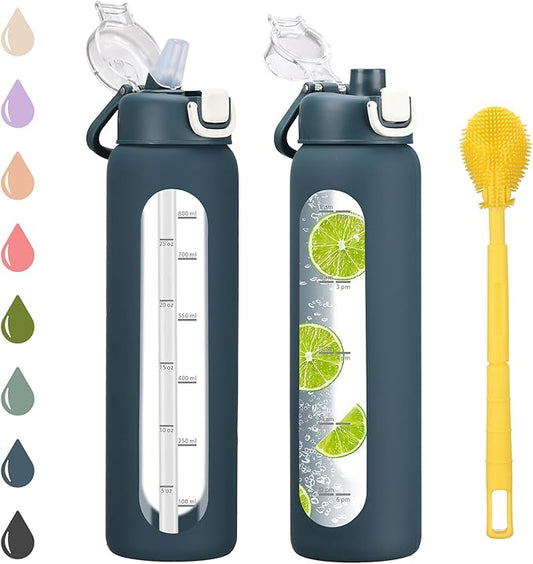 chunmo 32 oz Glass Water Bottle with 2 Lids-Handle Spout Lid & Straw Lid, 1 Liter Motivational Borosilicate Water Bottle with Time Marker and Silicone Sleeve,Leakproof-Dark Blue-1 Pack