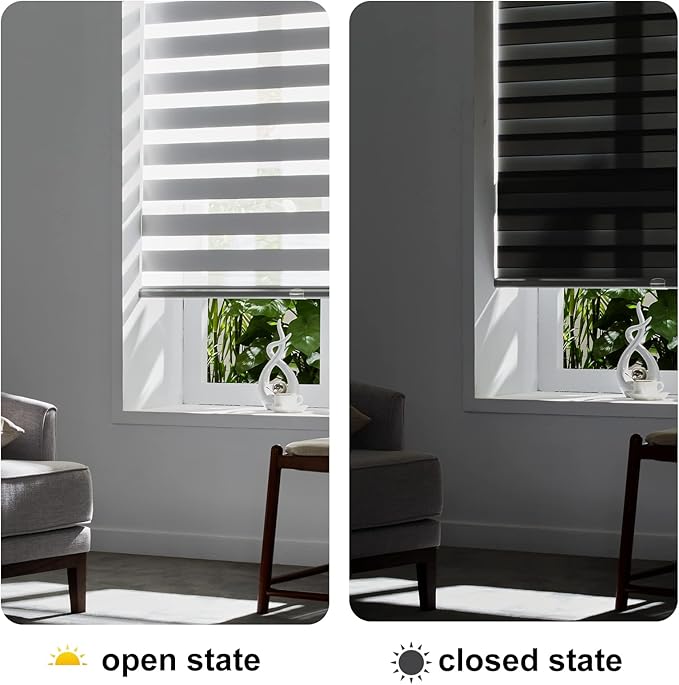 Persilux Cordless Zebra Blinds for Windows (59" W X 47" H, Grey) Free-Stop Dual Layer Roller Windows Shades for Day and Night, Light Filtering Sheer Shades for Home, Easy to Install