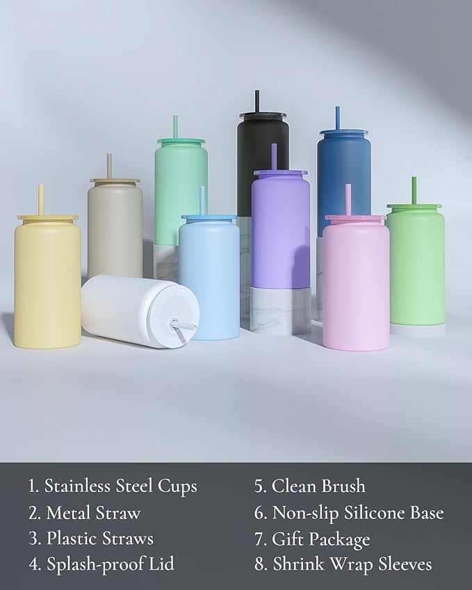 16oz Glass Cups With Lids and Straws, Stainless Steel Beer and Iced Coffee Cup, Smoothie Drinking Cup, Purple (Textured Matte Finish, Not Sublimatable)