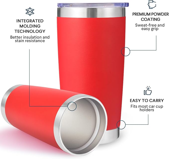 Volhoply 20oz Stainless Steel Tumbler with Lid and Straw Bulk 4 Pack,Double Wall Insulated Travel Iced Coffee Mug Fits Cup Holder,Powder Coated Cups for Hot/Cold Drinks,Gifts for Women（Red,4 Set）