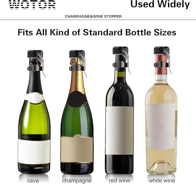 WOTOR Champagne&Wine Bottle Stoppers Stainless Steel with Food Grade Silicone, Leak Proof Keep Fresh Reusable Saver, Cork Suitable for Wine, Champagne, Cava, Prosecco and Sparkling (12 Pack Black）