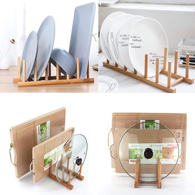 INNERNEED Bamboo Wooden Plate Racks Dish Stand Holder Kitchen Storage Cabinet Organizer for Dish/Plate/Bowl/Cup/Pot Lid/Cutting Board (Pack of 4)