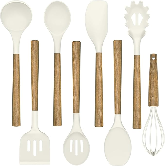 Non-Stick Silicone Kitchen Utensils Set with Natural Acacia Hard Wood Handle, Umite Chef 8 Pieces Kitchen Spatulas set, White, BPA Free, Baking, Serving and Cooking Utensils