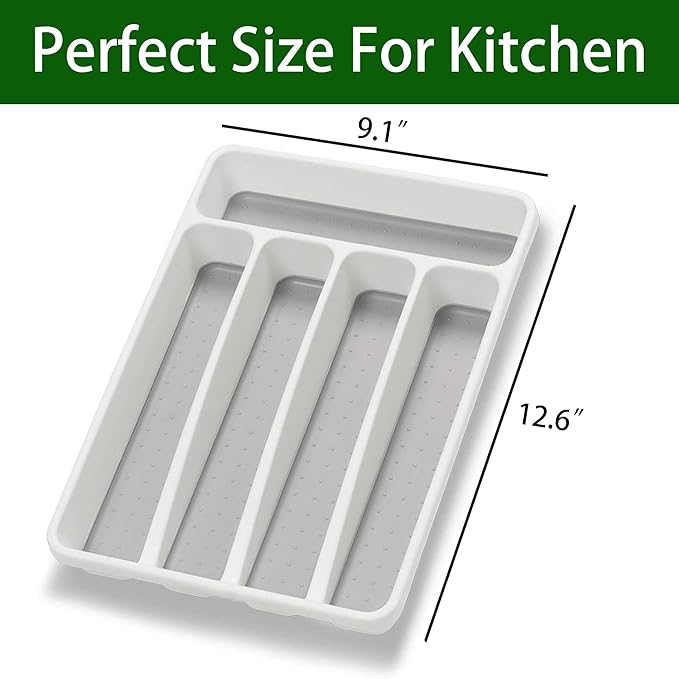 Silverware Organizer Utenisl Organizer Holder Kitchen Drawer Organizer Plastic Silverware Tray for Drawer Flatware Organizer 5 Compartment White