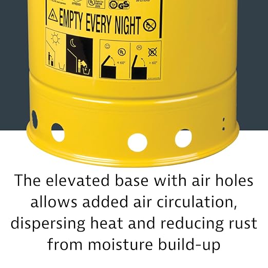 Justrite 6 Gallon Galvanized Steel Oily Waste Can, 16" x 12" Metal Oil Rag Safety Can with Hand Operated Self-Closing Lid for Oil Rag Disposal, Made in The USA, Yellow, 09111