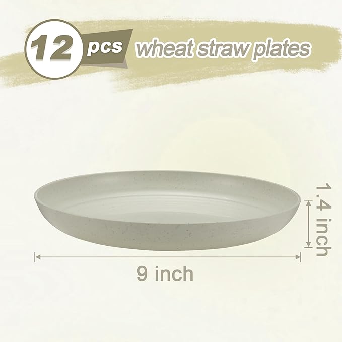 12 Pcs Unbreakable Deep Dinner Plates Set, 9 inch Reusable Plastic Wheat Straw Plates, Microwave and Dishwasher Safe Plate for Kitchen, Lightweight Plate for Dessert, BPA Free, Beige