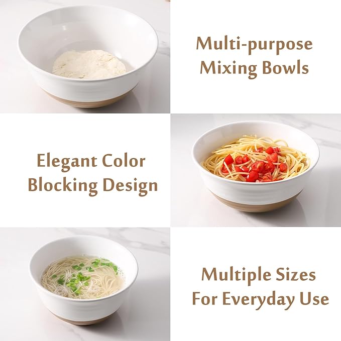 Hasense Mixing Bowls, Large Ceramic Salad Bowls 2.1/1.5/1.0 Qt, Versatile Serving Bowls for Cooking, Baking, Salad Mixing, Prepping, Nesting White Bowl Set, Dishwasher Safe, Set of 3