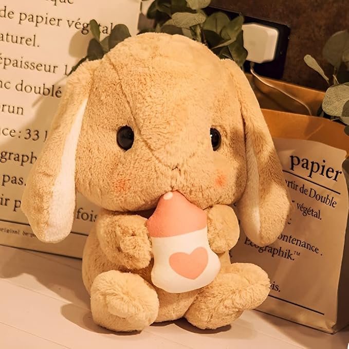 HOUPU Soft Toy - Sitting Lop Eared Rabbit, Easter White Rabbit Stuffed Bunny Animal with Carrot Soft Lovely Realistic Long-Eared Standing Pink Plush Toys (Brown-Milk Bottle,12.5in/32cm)