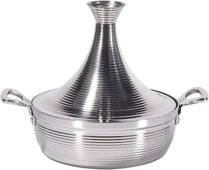 Moroccan Tagine Cooking Pot,Stainless Steel Non Stick Moroccan Casserole with 2 Handles,Large Moroccan Cooker Handmade Tagine Pot with Cone-Shaped Lid(22cm, Silver)