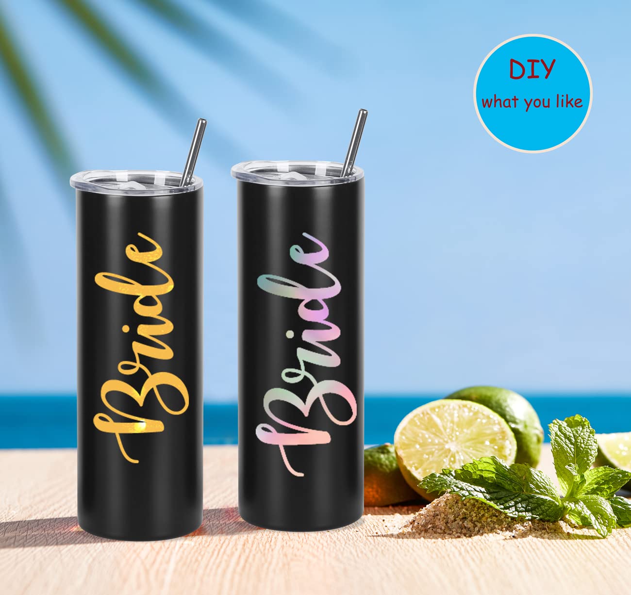 Wzaytia 20 Oz Stainless Steel Straight Skinny Tumbler Set (8 Pack), Insulated Slim Thin Travel Cup with Lid, Black