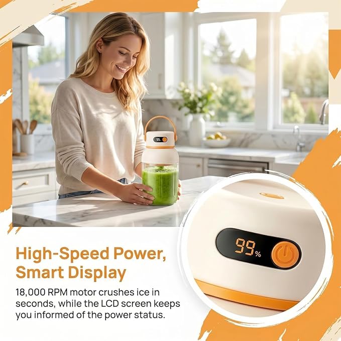 Portable Electric Juicer Cup with Zero Cord Hassle, 33 Oz Cordless Personal Juicer Cup, Digital Display Portable Juicers Blender with Stainless Steel Blades, USB-C (orange-800ml)