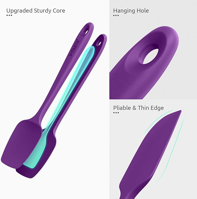 U-Taste Silicone Baking Spatula Set: 480ºF High Heat Resistant, Food Grade Flexible Rubber Kitchen Cooking Mixing Scraper, Food Grade Seamless Utensil for Nonstick Cookware Set of 3 (Purple)