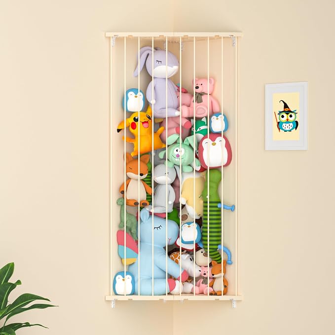 Stuffed Animal Storage Toy Organizer(Patented) - Large Corner Stuffed Animal Holder Length Adjustable - Wall Plush Storage for Nursery Playroom Bedroom Kids Room (Beige)