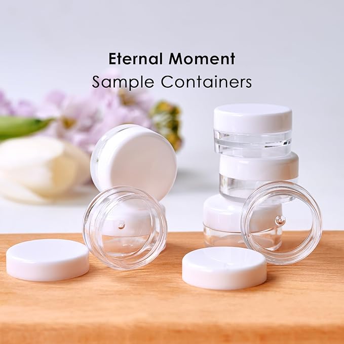 50 Pack 3 Gram Sample Containers with White Lids, Small Plastic Cosmetic Jars, Makeup Travel Container Jar for Cream, Bead, Eye Shadow, Lotions, Powders, Glitters Lip Gloss with Labels,Spatulas