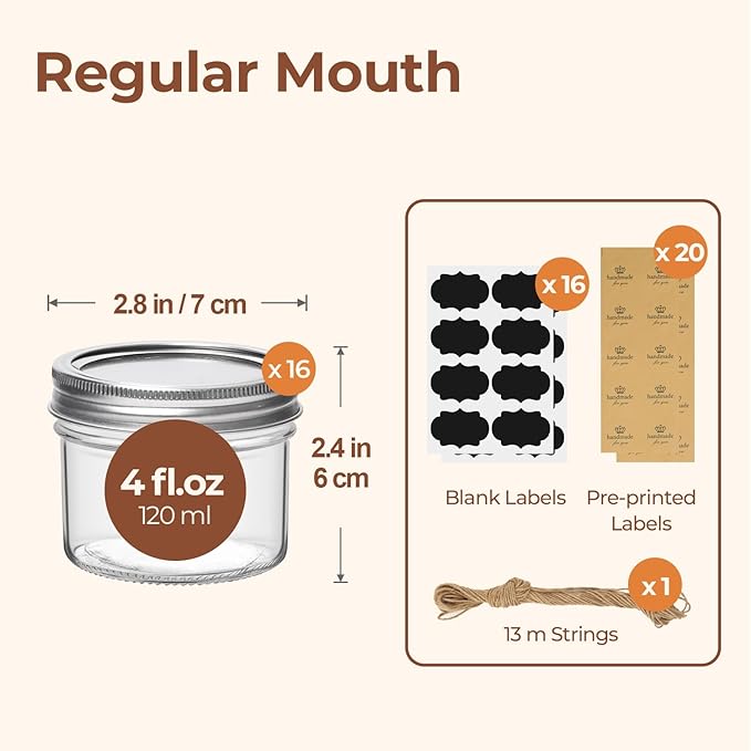 ComSaf Mini Mason Jars Bulk 4oz 16PCS, Regular Mouth Mason Jar with Lids and Seal Bands, Small Glass Canning Jar for Spice, Jam, Honey, Jelly, Dessert, Shower Wedding Favors, DIY Candles Decor