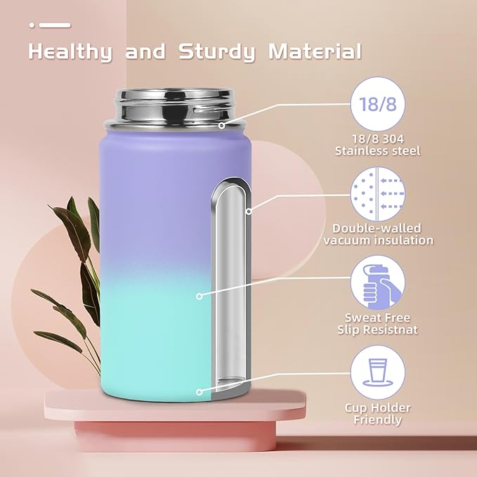 Volhoply 14oz KIds Water Bottle with Straw Lid and Silicone Boot Bulk 2 Pack,Stainless Steel Insulated Bottles for Boys & Girls Multipack, Double Wall Vacuum Leakproof Bottles(Purple Blue,2)