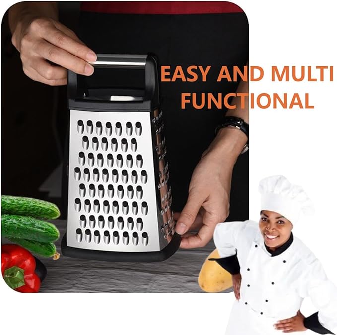 Stainless Steel 4 Sides Grater Slicer with Handle, Multifunctional Cutter Planing for Ginger, Garlic, Cucumbers, Carrots, Cheese, Potato, Ergonomic Design Kitchen Gadgets Accessories（Black）