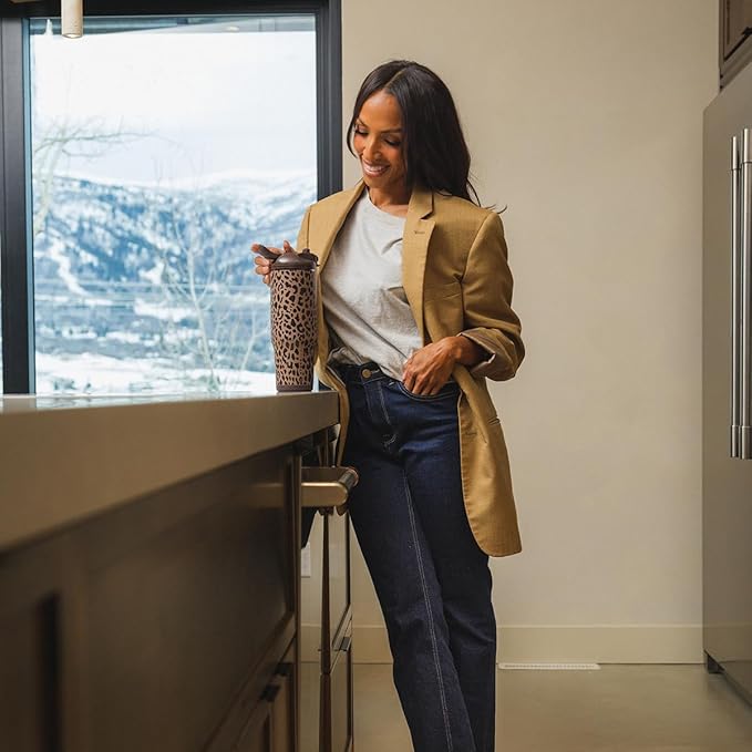 HydroJug Ease2o Water Bottle with Straw & Chug Lid, Stainless Steel, Vented Cap to Help Reduce Pressure, Water-Level Window, Cup Holder Friendly, Non-Slip Base – 32oz, Brown Leopard