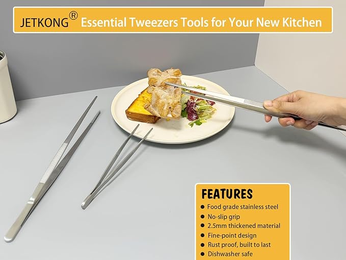 JETKONG 12 Inch Kitchen Tweezers Cooking Tweezer Tongs, Stainless Steel Food Tweezers Multi-function Precision Serrated Tips Kitchen Serving Tong